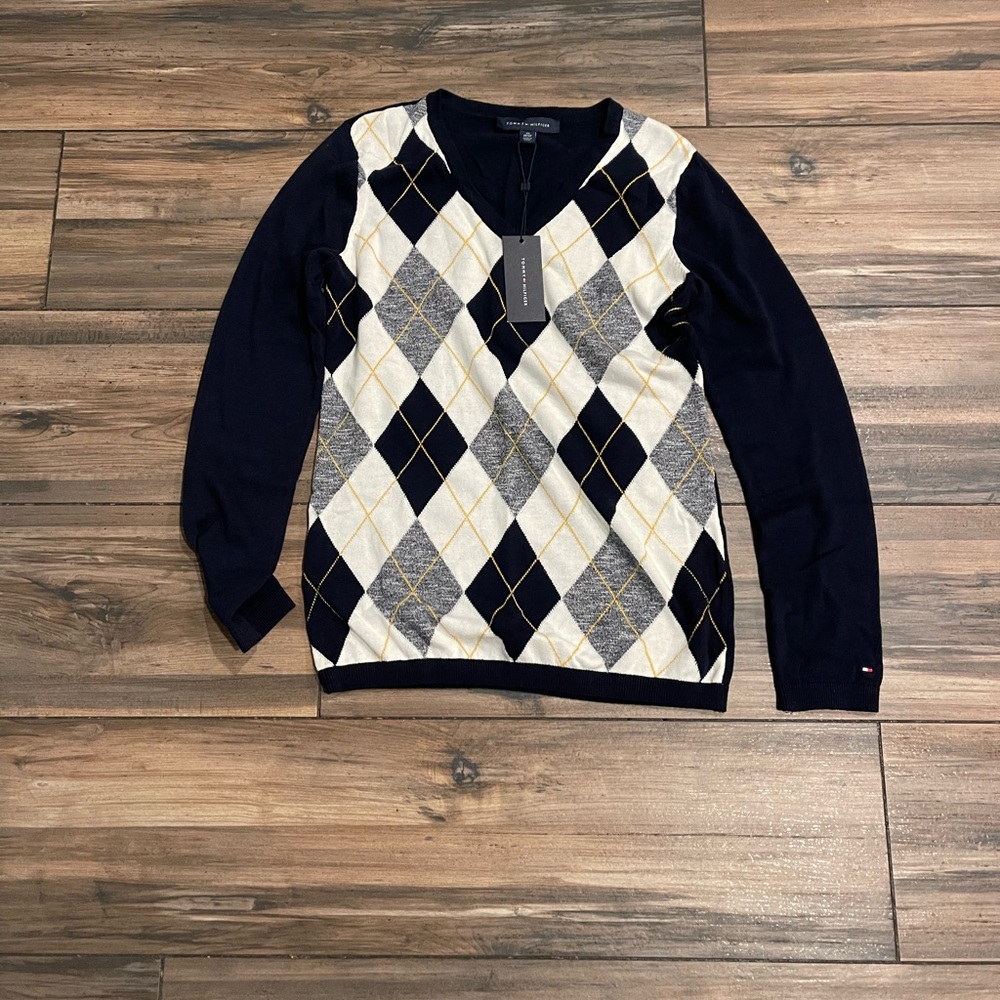 Tommy Hilfiger V-Neck Sweater - Navy, Gray, and Gold Argyle